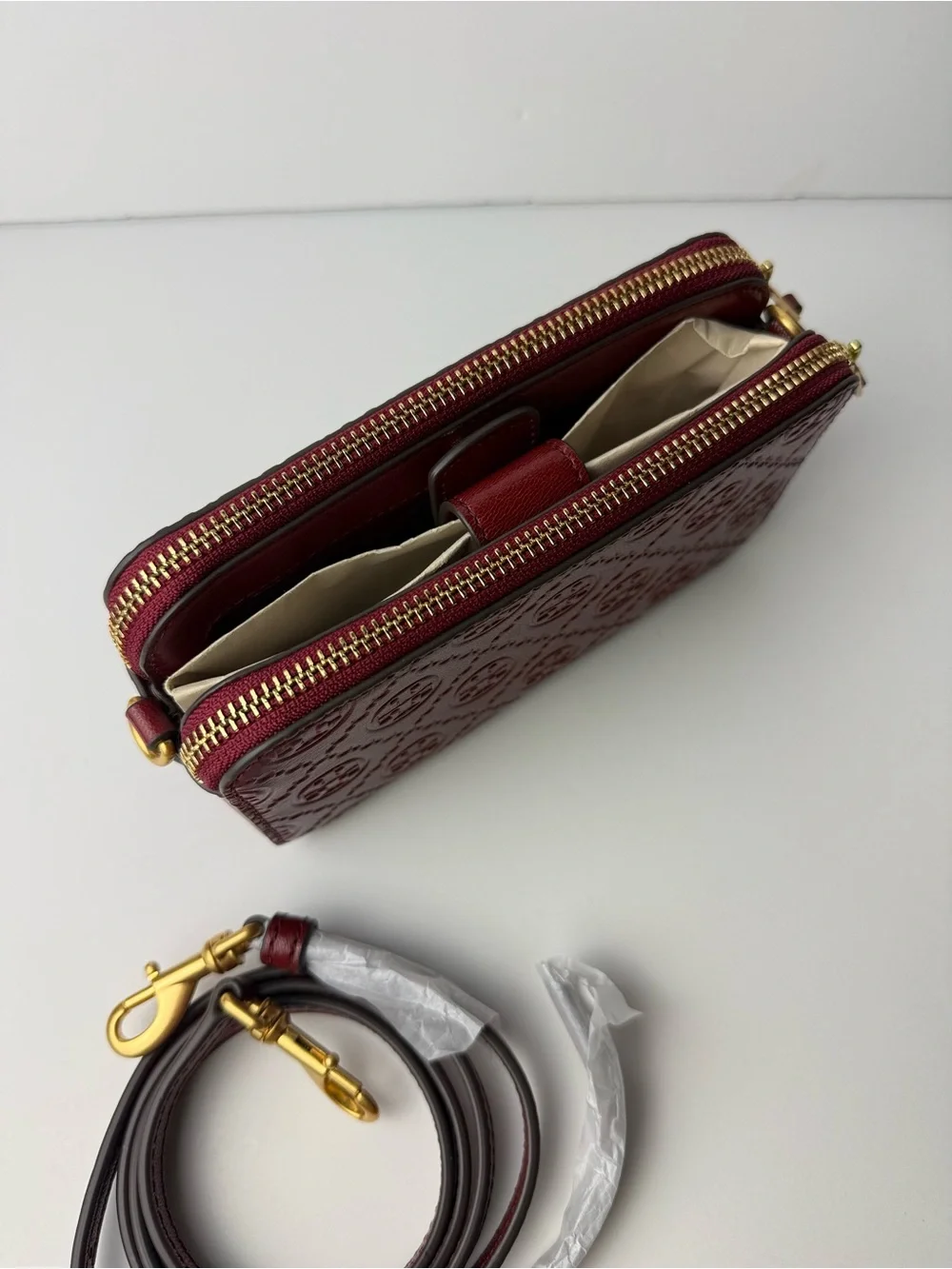 Tory Burch T Monogram Leather Double-Zip Mini Bag Juneberry Red Gold Hardware